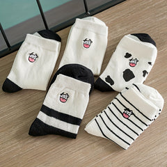 5 Pairs Cartoon Cow Print Socks Women's Mid Tube Stockings