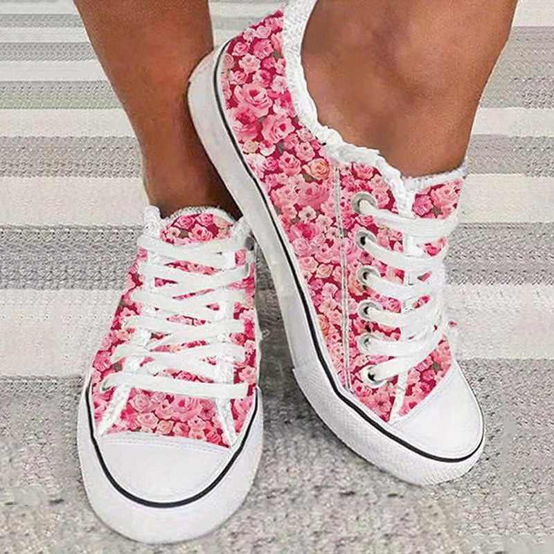 Women's Floral Print Canvas Shoes Lace Up Sneakers Low Top Comfortable