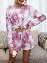 Tie Dye Lounge Set Crew Neck Top & Lace Up Shorts Women's Loungewear