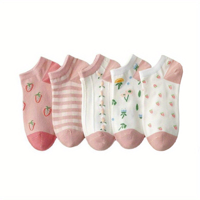 5 Pairs Floral Print Low Cut Ankle Socks Women's Stockings