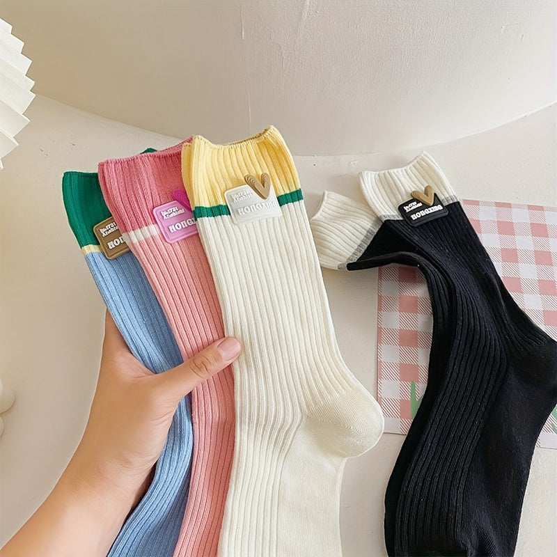 Heart Pattern Ribbed Socks Breathable Women's Mid Tube Stockings