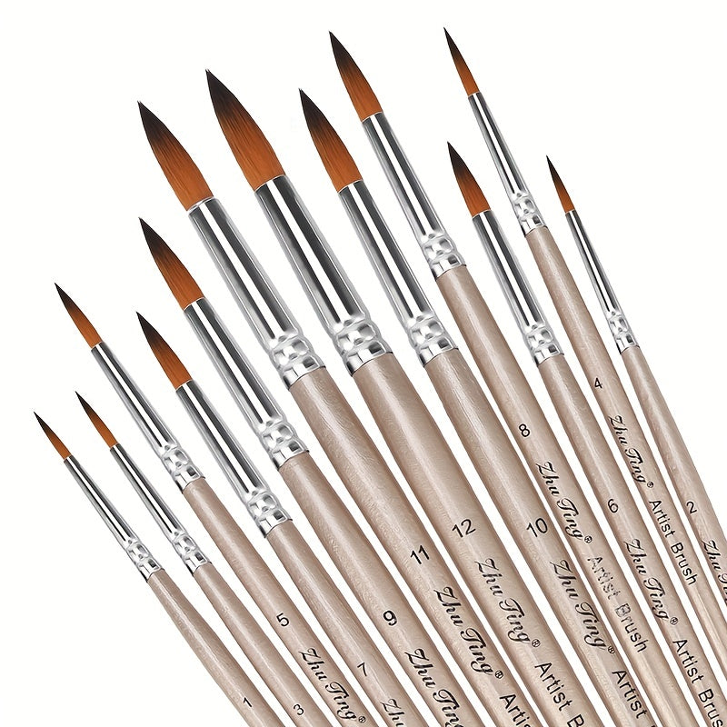 12pcs Professional Paint Brushes Set Round Pointed Tip Nylon Hair