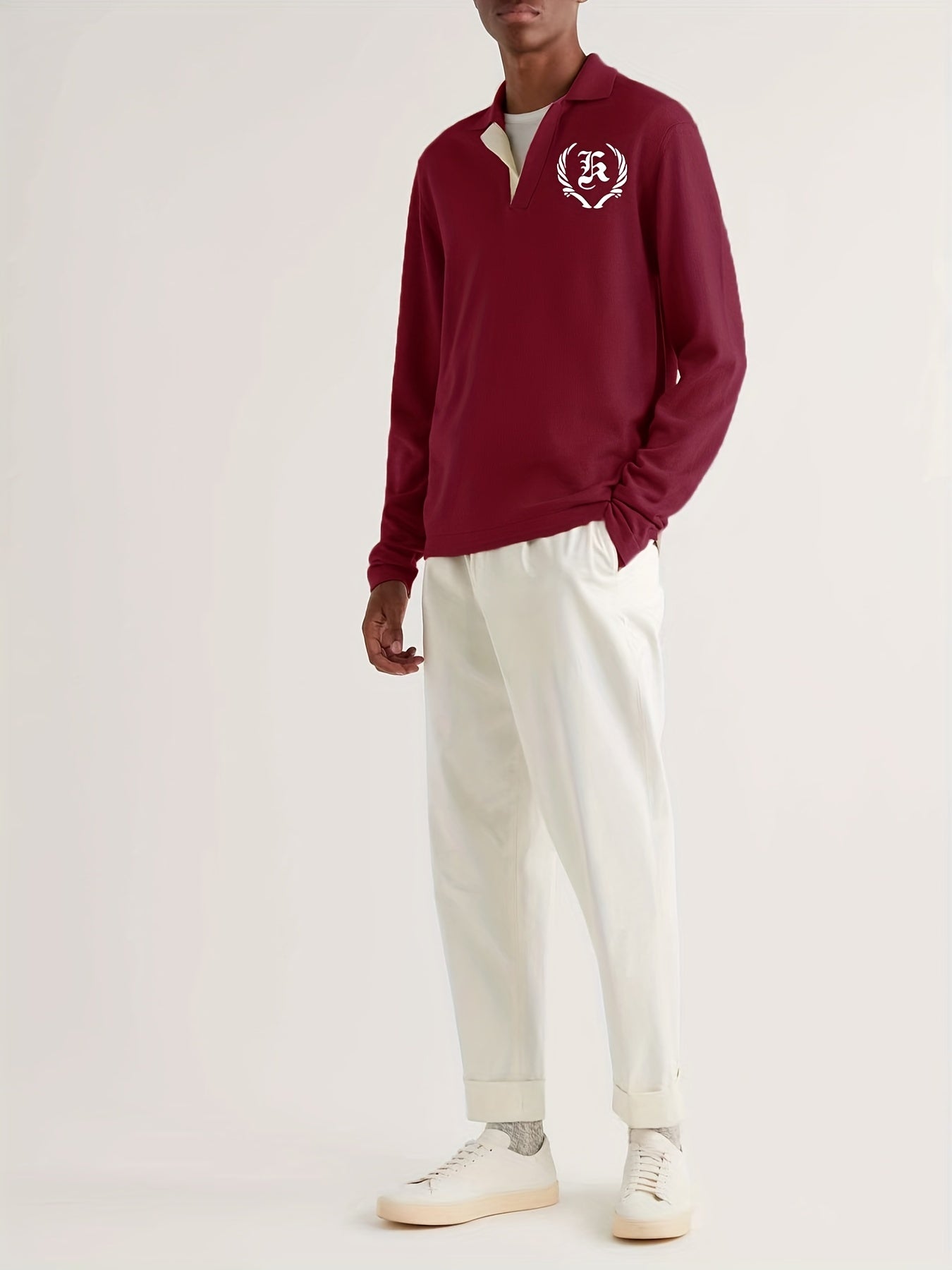 Retro Letter Pattern Knit Polo Shirt Men's Casual Lapel Pullover