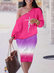 Slanted Shoulder Letter Print T shirt & Camo Print Knee Length Shorts Set