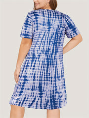  Tie Dye Short Sleeve Round Neck Belted Dress