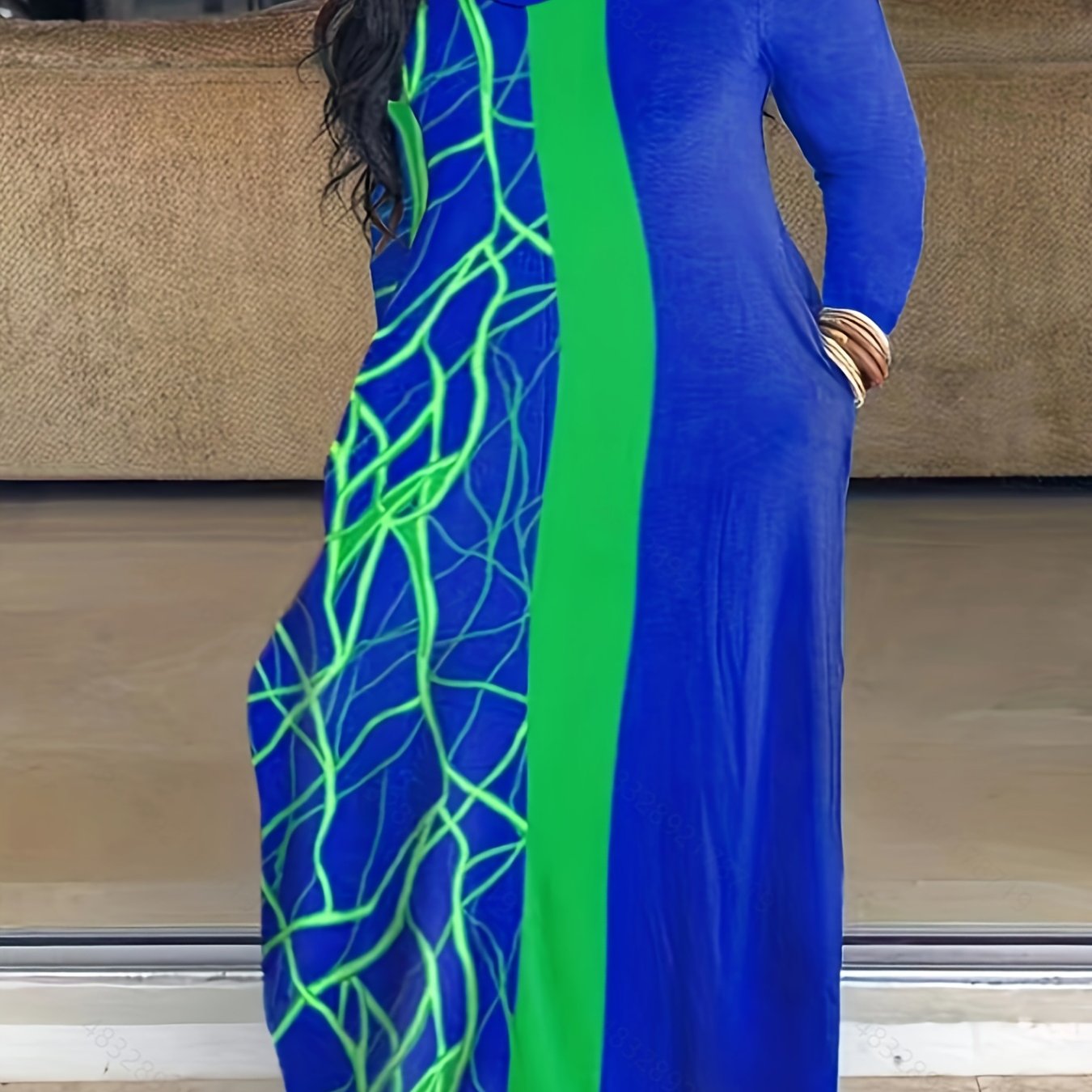  Abstract Stripe Print Maxi Dress with Pockets