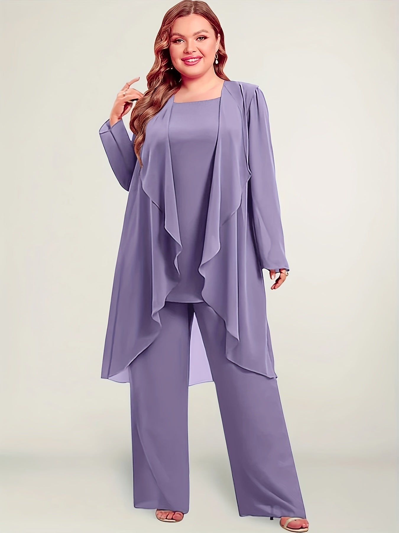  Solid Tank Top, Pants & Shawl Collar Cardigan Set