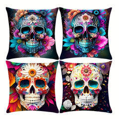 4Pcs Halloween Pillow Covers 45x45cm Skull Pillowcase Indoor Outdoor Couch Case