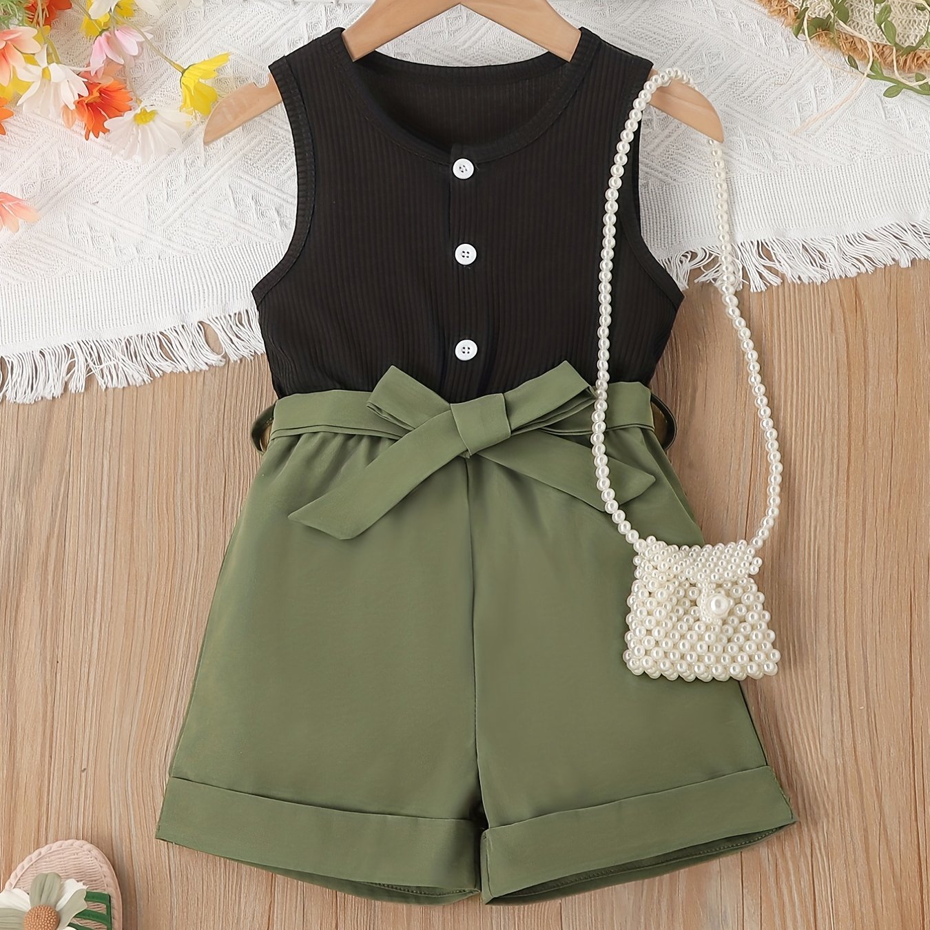 Girls Ribbed Sleeveless Romper Jumpsuit with Belt