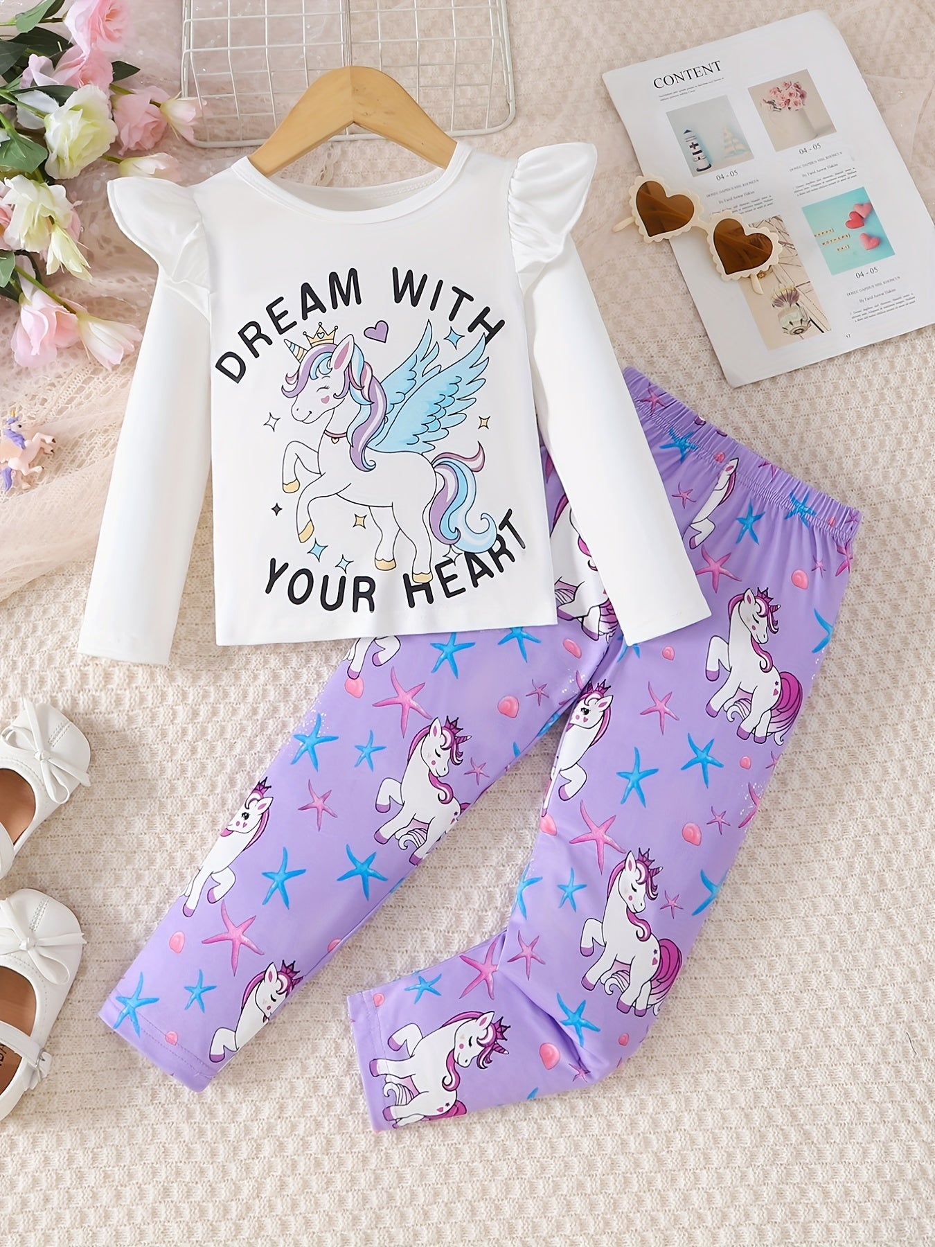 Toddler Girl's 2pcs Unicorn Starfish Print Top & Pants Set