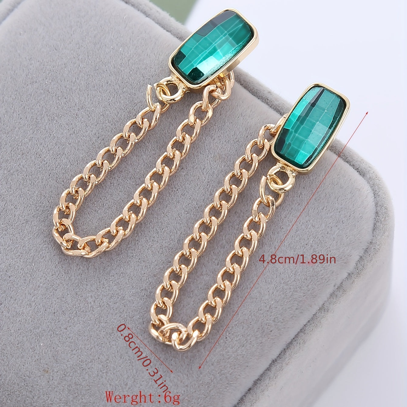 Emerald Glass Chain Stud Earrings Retro Style 18K Plated Jewelry