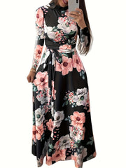  Casual Dress Women's Plus Floral Print Long Sleeve Round Neck