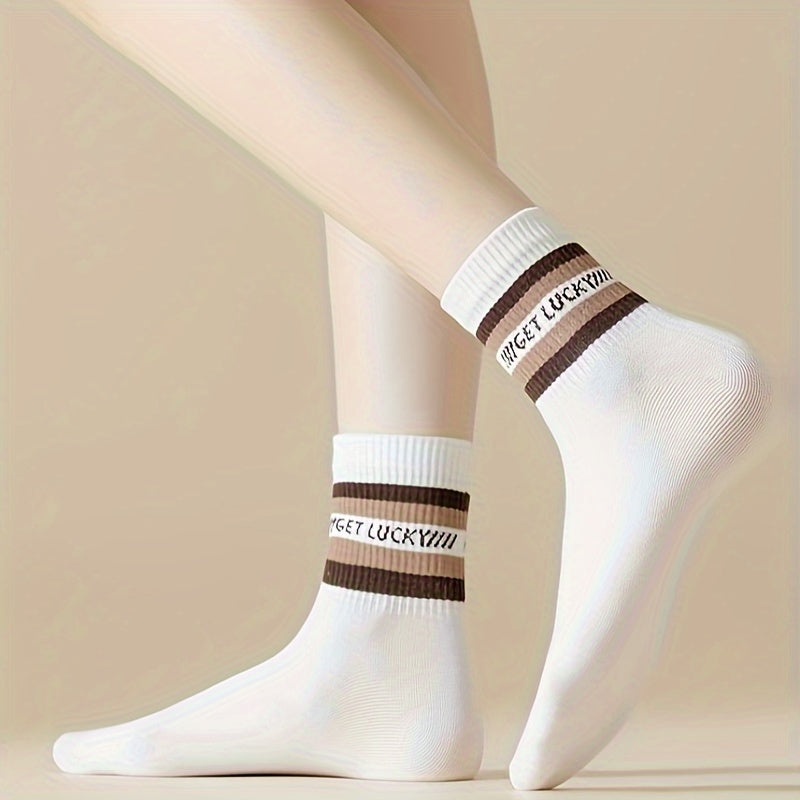 5 Pairs Letter & Striped Print Socks Comfy & Breathable Women's Stockings