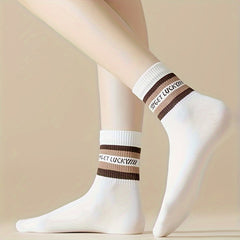 5 Pairs Letter & Striped Print Socks Comfy & Breathable Women's Stockings