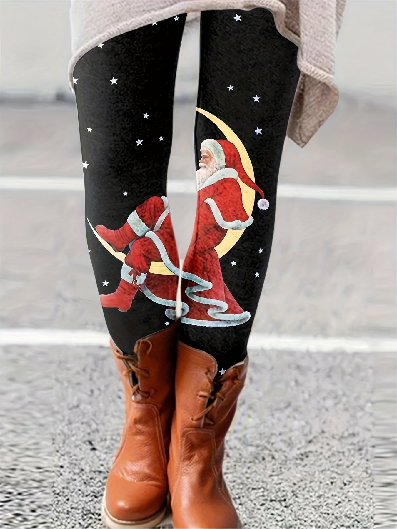 Christmas Leggins Women's Plus Starry Sky & Santa Claus Print Leggings