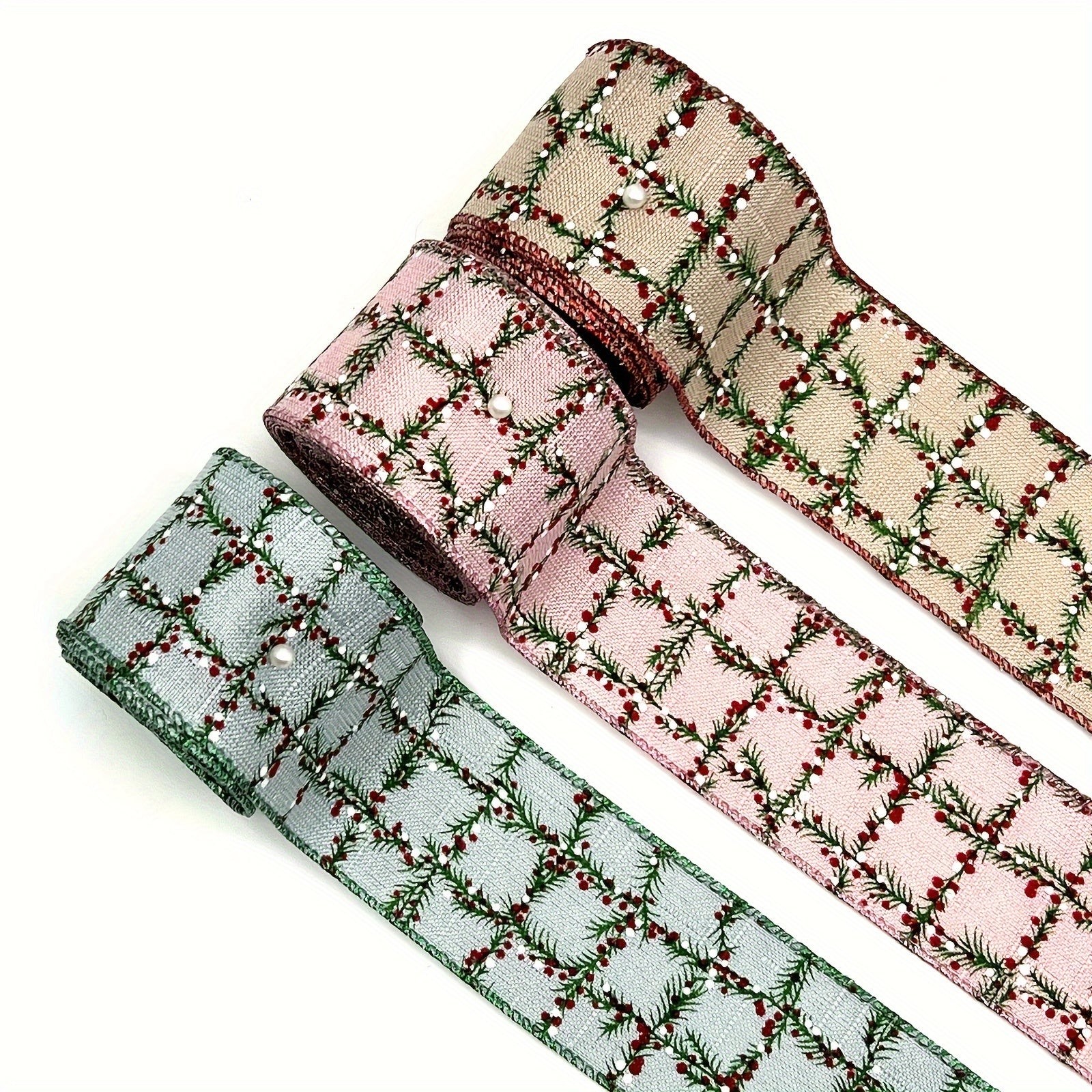 1pc 4 57 Meter Christmas Wired Edge Ribbon Green Twig Checked Pattern