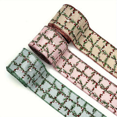 1pc 4 57 Meter Christmas Wired Edge Ribbon Green Twig Checked Pattern