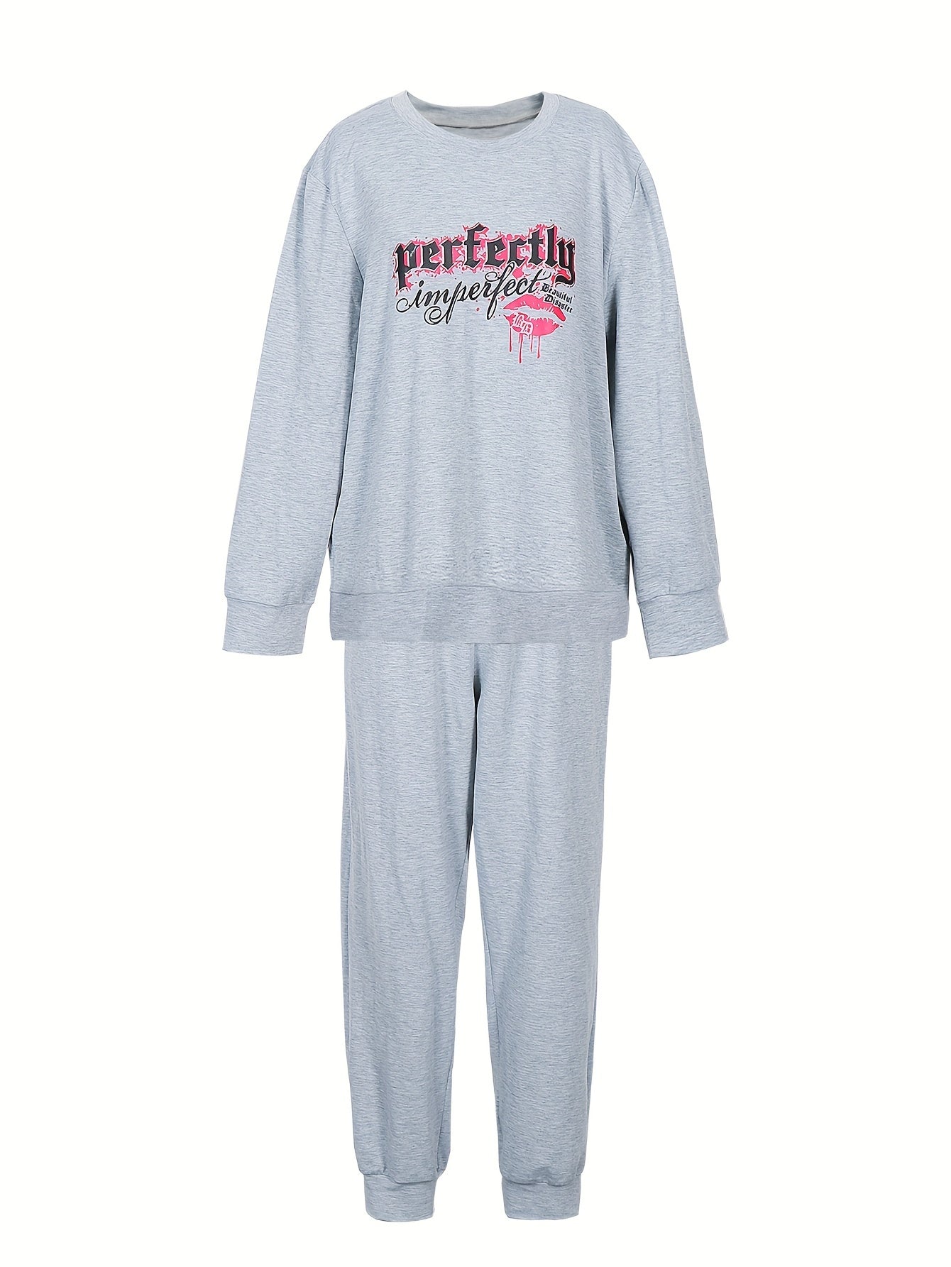 Plus Size Women's Kiss & Letter Print Top & Joggers Outfit Set