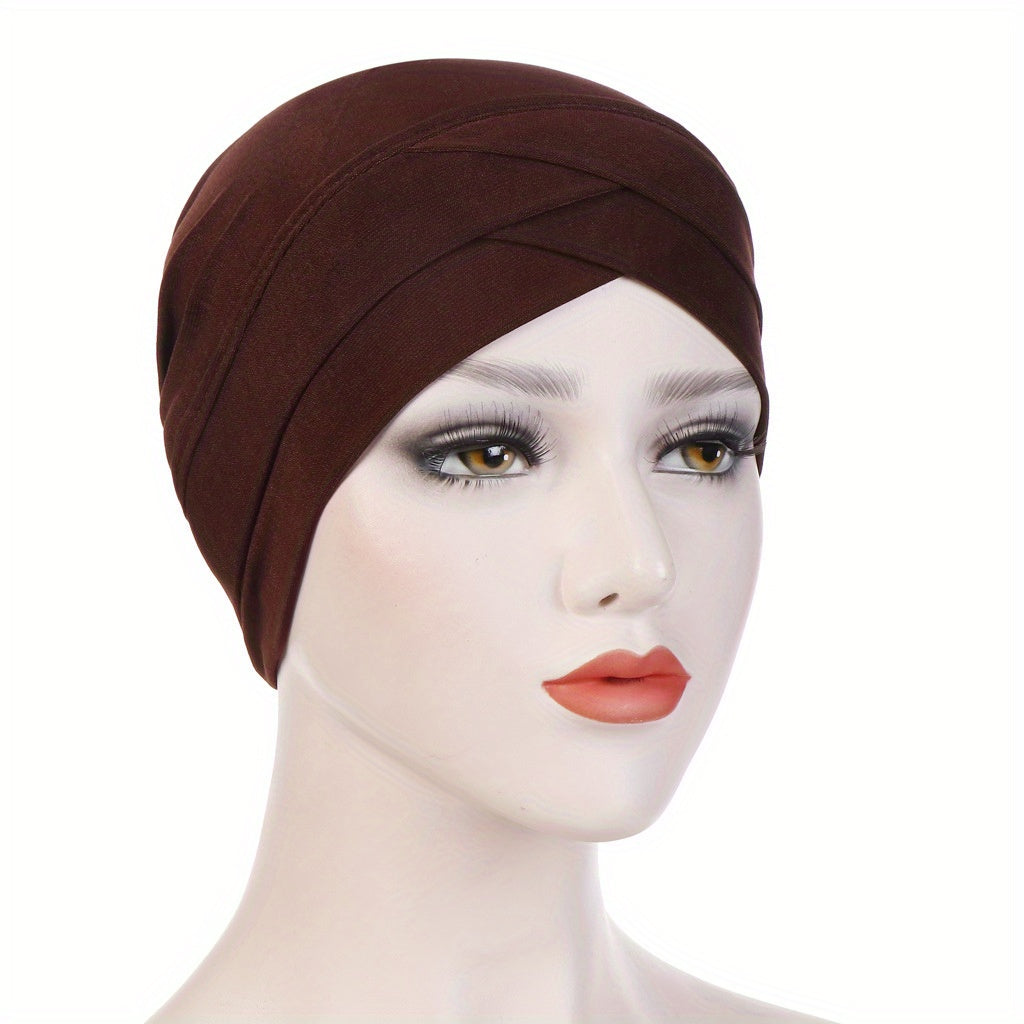 Crossed Turban Hat Women Solid Hijab Hat Casual Elastic Head Wrap
