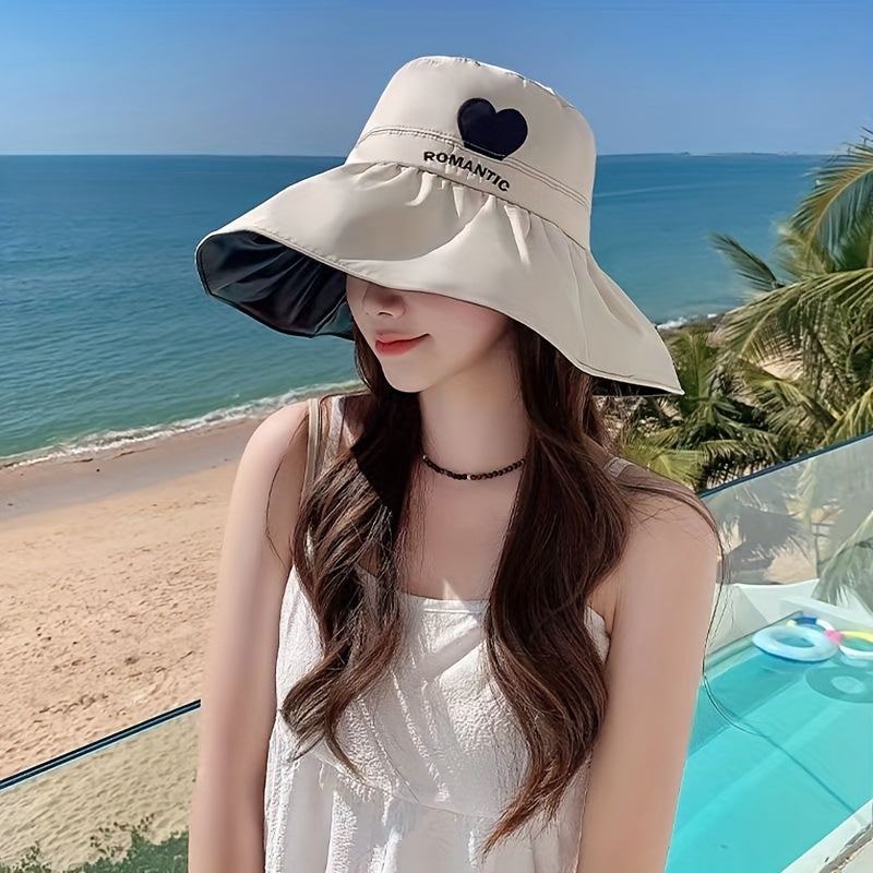 Romantic Heart Embroidery Sun Hat UV Protection Wide Brim Bucket Hat