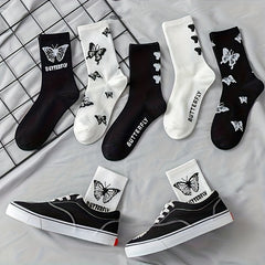 6 Pairs Butterfly Print Mid Tube Socks Women's Stockings