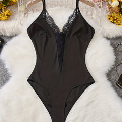 Ribbed Lace Contrast Bodysuit Sexy V Neck Sleeveless Bodysuit