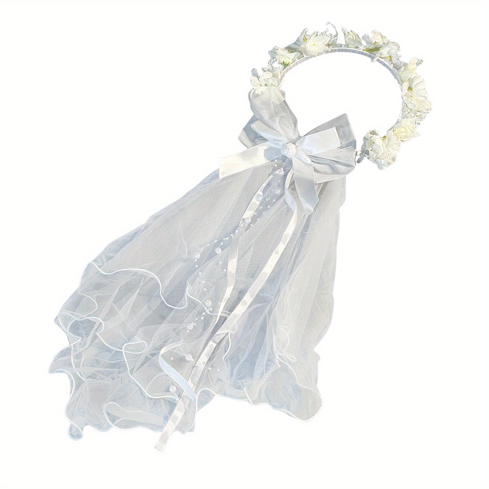 Short Wedding Veil Bow Headband for Women Bridal Veil with Floral Accents