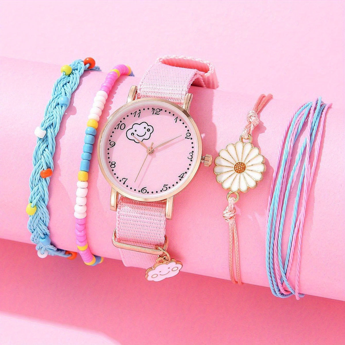 5pcs Pink Girls Quartz Watch Set