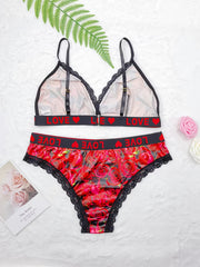  Rose Print Romantic Bra & Panties Set Women's Plus Sexy Lingerie Set