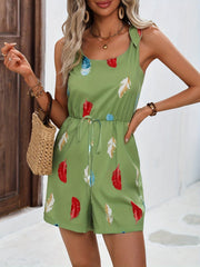 Feather Print Tie Strap Romper Jumpsuit Casual Sleeveless Romper