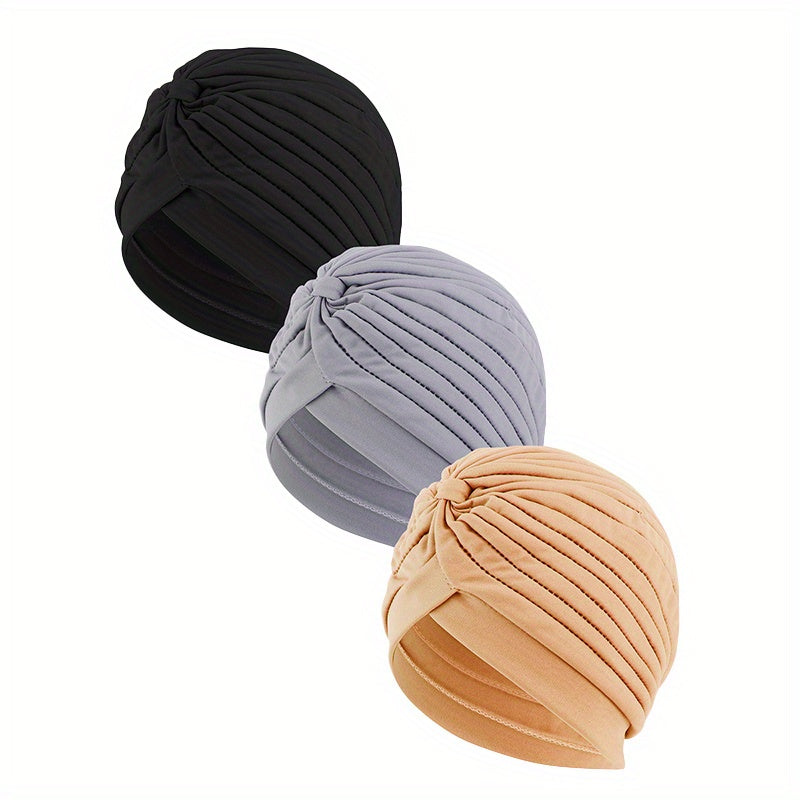 3pcs Turban Cap Pleated Head Wrap Elastic Beanie Head Scarf Chemo Hats