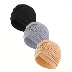3pcs Turban Cap Pleated Head Wrap Elastic Beanie Head Scarf Chemo Hats