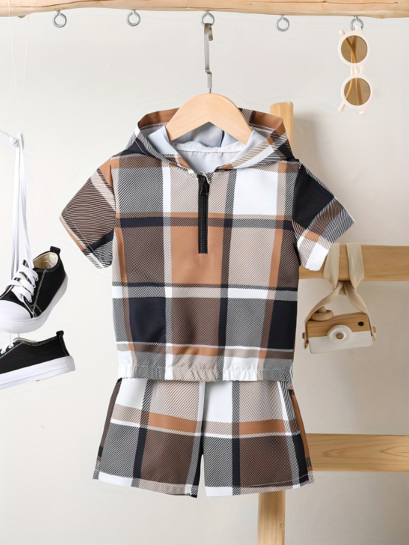Boys Hooded Plaid T Shirt & Sport Shorts Set for Summer