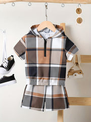 Boys Hooded Plaid T Shirt & Sport Shorts Set for Summer
