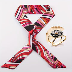 2pcs Red Striped Skinny Scarf & Scarf Ring Set