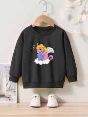 Cartoon Unicorn Print Girls Sweatshirt Long Sleeve Crew Neck Tops