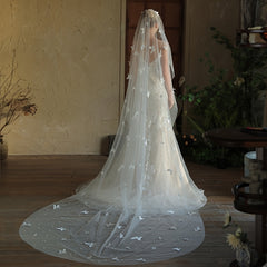 Butterfly Style Bridal Veil with Floral Embellishments Floor Length Wedding Veil