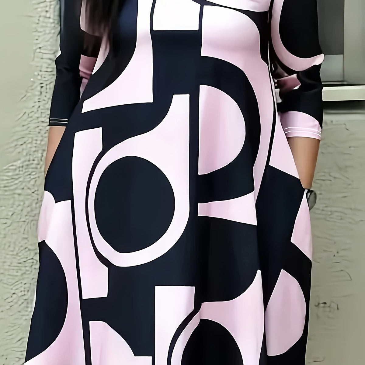  Colorblock Geometric Print Round Neck Midi Dress
