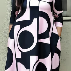  Colorblock Geometric Print Round Neck Midi Dress