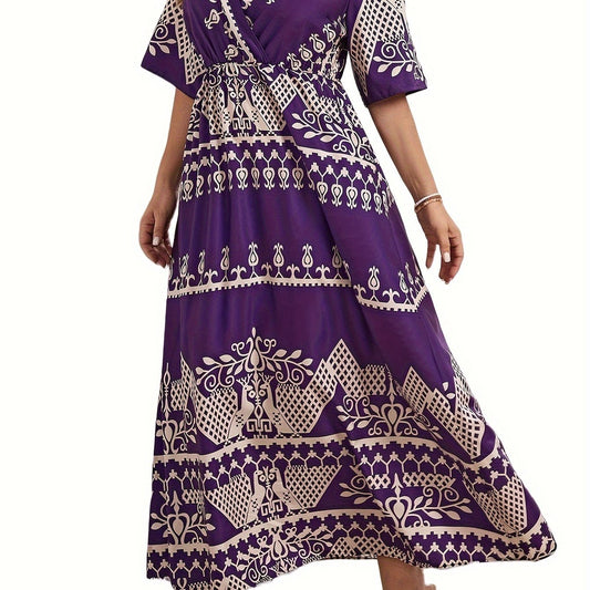  Boho Dress Women's Plus Floral Print Surplice Neck Maxi Dress