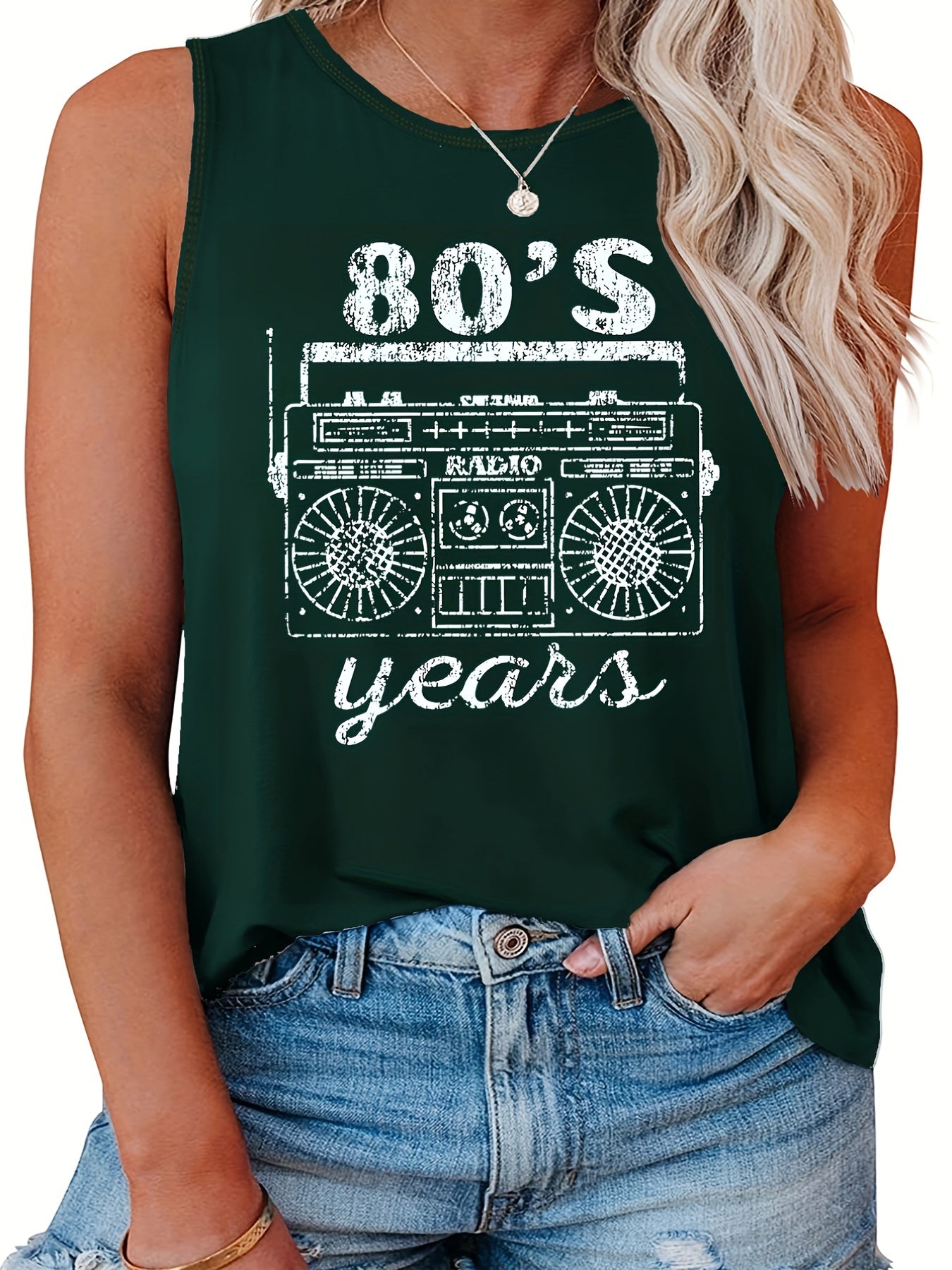  Casual Tank Top Women's Plus Radio & Letter Print Round Neck Tank Top