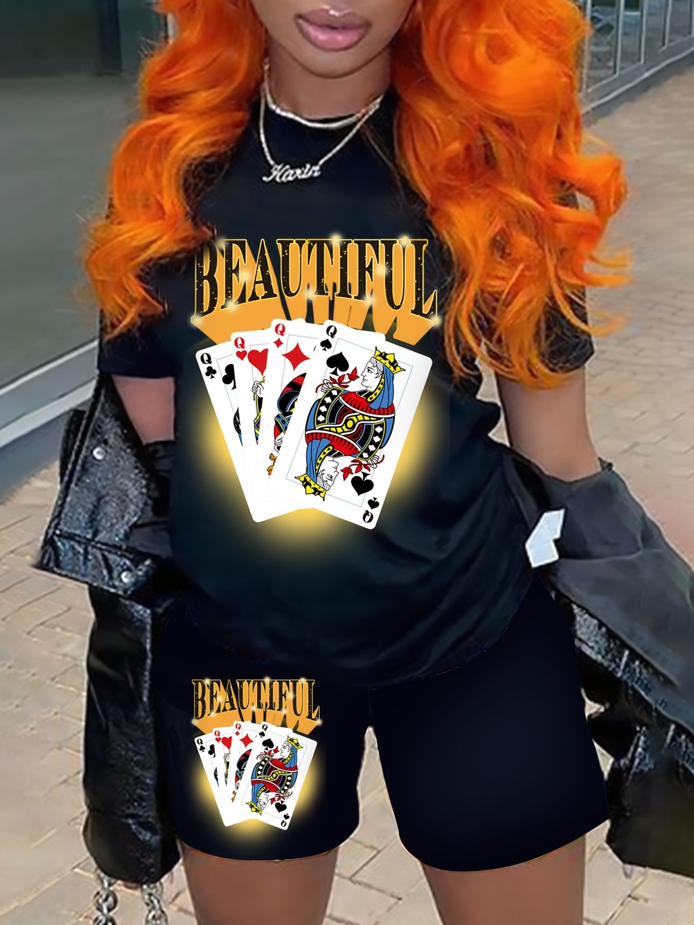  Poker & Letter Print Tee & Biker Shorts Set