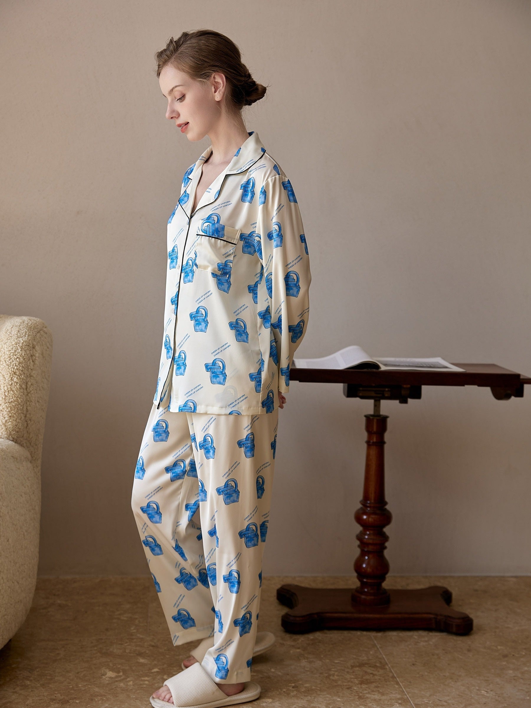 Locker Print Pajama Set Long Sleeve Top & Pants