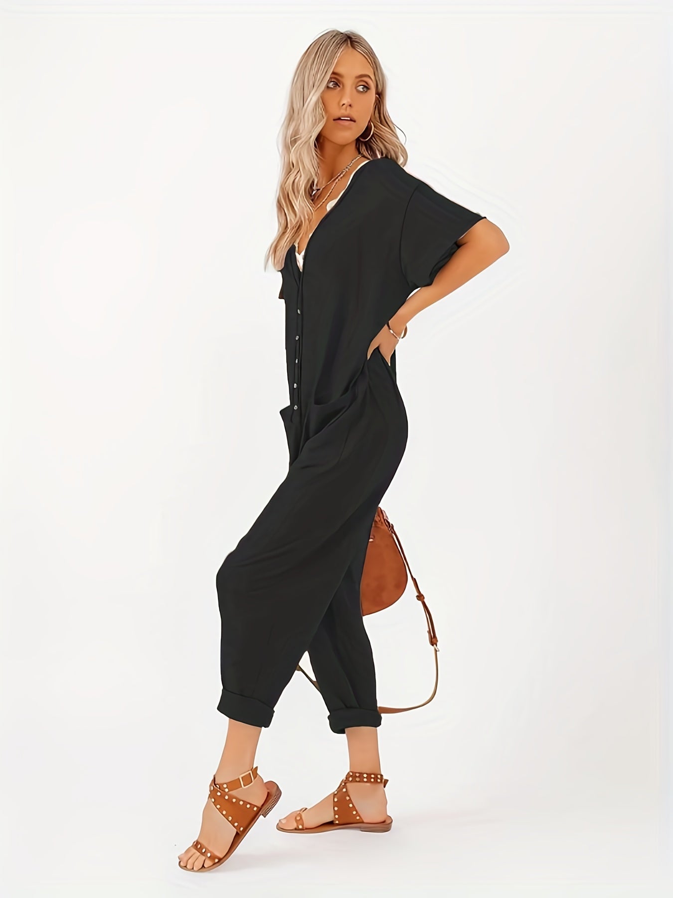 Women's Plus Button Up V Neck Short Sleeve Jumpsuit