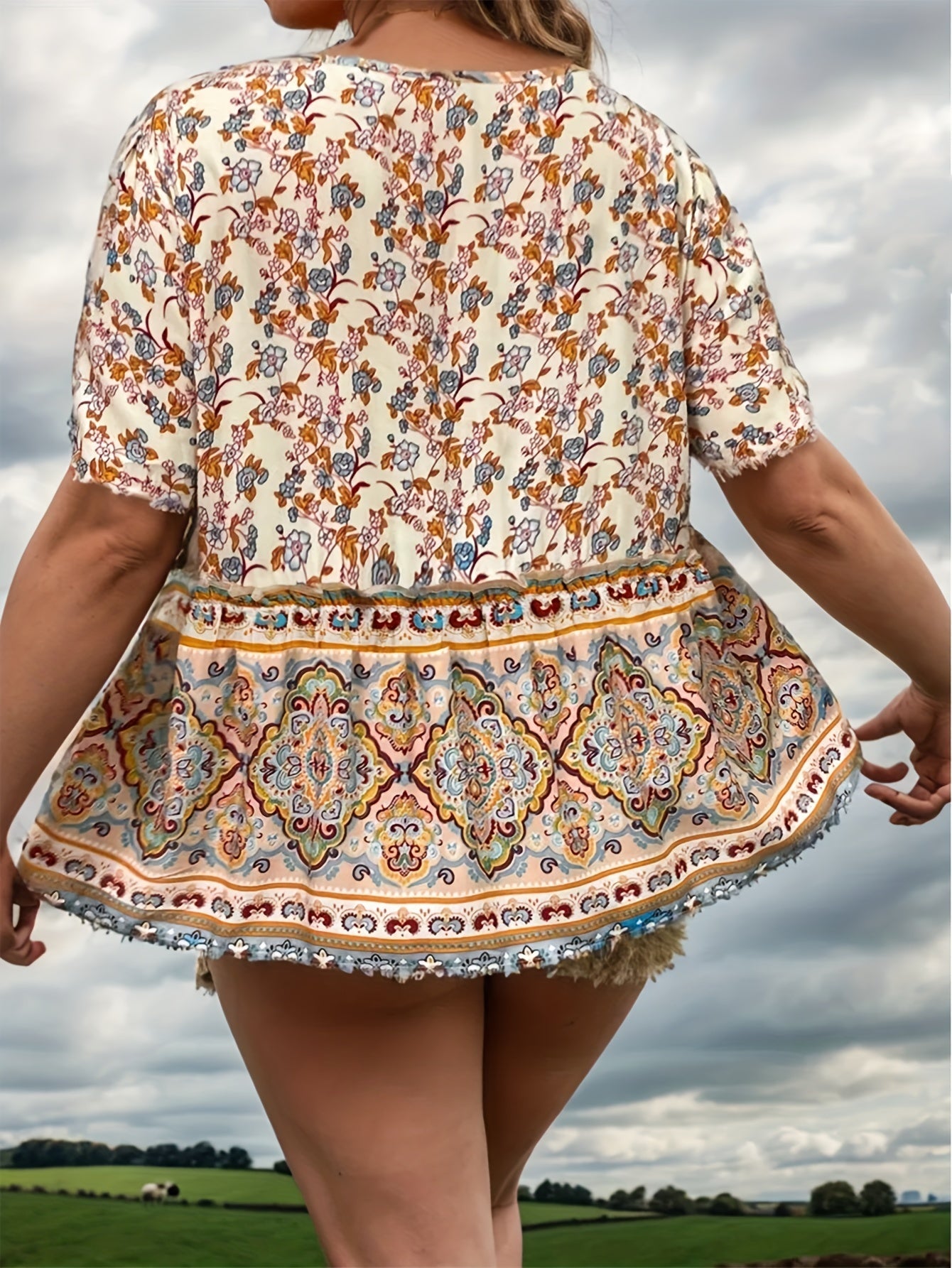  Boho Blouse Women's Plus Short Sleeve Peplum Shirt Top
