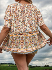  Boho Blouse Women's Plus Short Sleeve Peplum Shirt Top