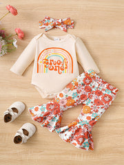 3pcs Baby Girls Letter And Floral Onesie Set