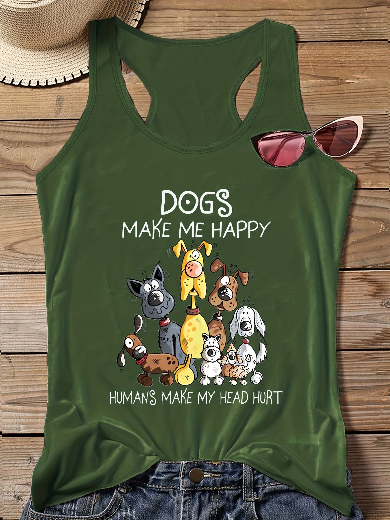  Cartoon Dog Print Round Neck Stretch Vest Top
