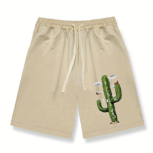 Cactus Pattern Comfy Shorts Men's Casual Solid Elastic Waist Drawstring Shorts