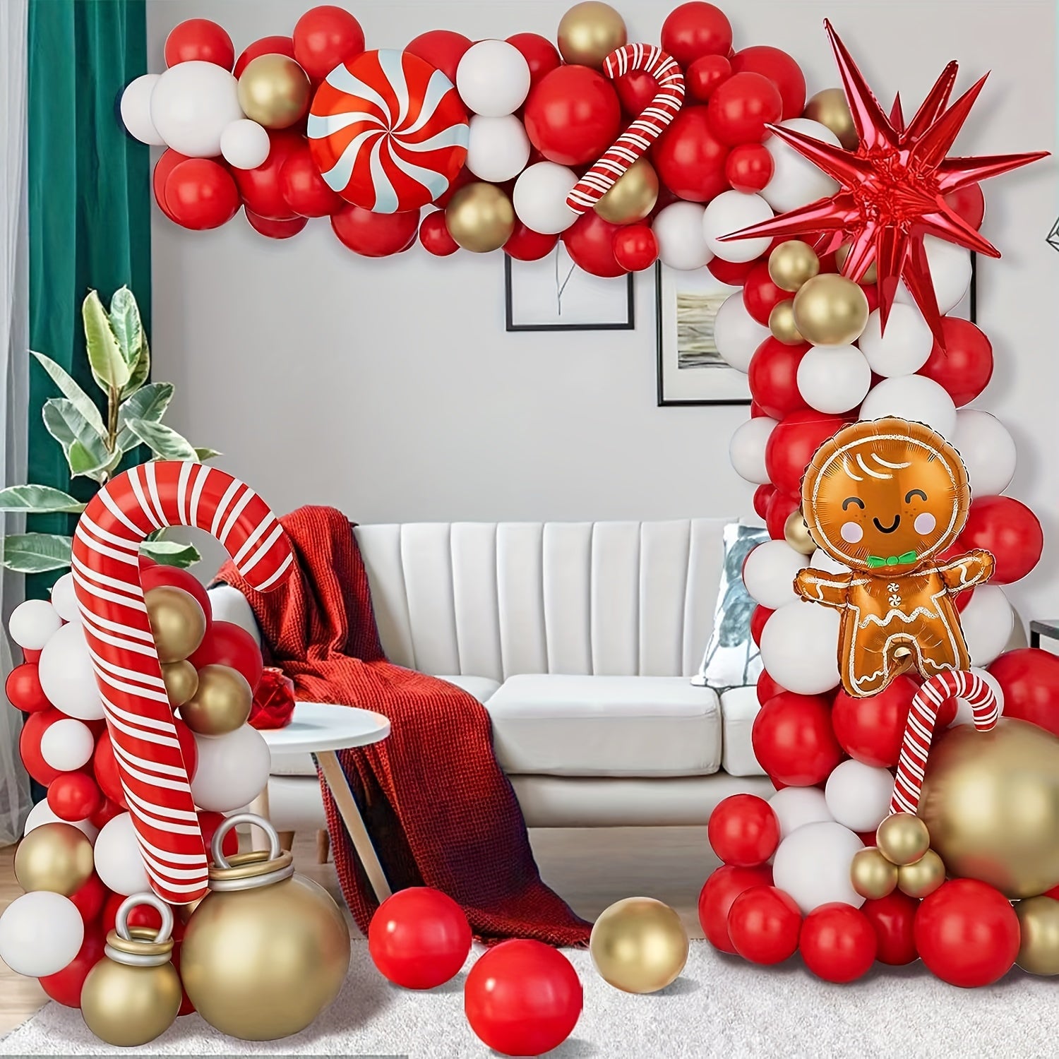 Christmas Balloon Garland Arch Kit Red Golden Candy Cane Balloons